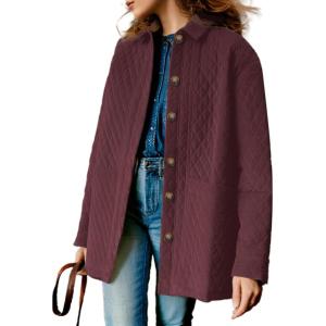 imageDokotoo Casual Quilted Jackets for Women Button Down Collared Long Sleeve Shirts Fall Jackets with Pockets 2025Burgundy