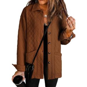 imageDokotoo Casual Quilted Jackets for Women Button Down Collared Long Sleeve Shirts Fall Jackets with Pockets 2025Chestnut