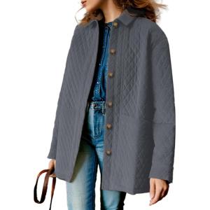 imageDokotoo Casual Quilted Jackets for Women Button Down Collared Long Sleeve Shirts Fall Jackets with Pockets 2025Dark Grey