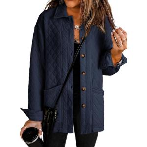 imageDokotoo Casual Quilted Jackets for Women Button Down Collared Long Sleeve Shirts Fall Jackets with Pockets 2025Navy Blue