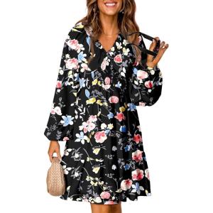 imageDokotoo Fall Dresses for Women 2025 Boho Floral V Neck Long Sleeve Smocked Elastic Waist Casual ALine Mini Dress SundressBlack