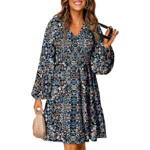 imageDokotoo Fall Dresses for Women 2025 Boho Floral V Neck Long Sleeve Smocked Elastic Waist Casual ALine Mini Dress SundressBlue