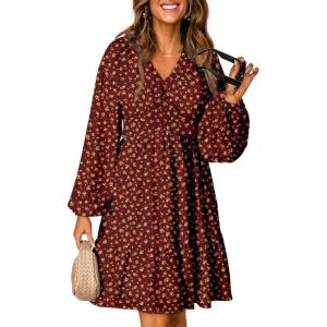 imageDokotoo Fall Dresses for Women 2025 Boho Floral V Neck Long Sleeve Smocked Elastic Waist Casual ALine Mini Dress SundressBrown