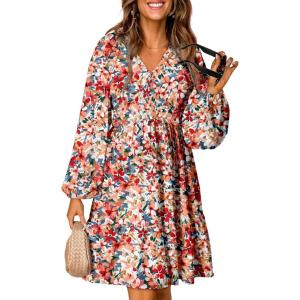 imageDokotoo Fall Dresses for Women 2025 Boho Floral V Neck Long Sleeve Smocked Elastic Waist Casual ALine Mini Dress SundressMulticolored