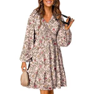imageDokotoo Fall Dresses for Women 2025 Boho Floral V Neck Long Sleeve Smocked Elastic Waist Casual ALine Mini Dress SundressOrange