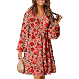imageDokotoo Fall Dresses for Women 2025 Boho Floral V Neck Long Sleeve Smocked Elastic Waist Casual ALine Mini Dress SundressPink