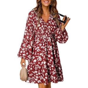 imageDokotoo Fall Dresses for Women 2025 Boho Floral V Neck Long Sleeve Smocked Elastic Waist Casual ALine Mini Dress SundressRed