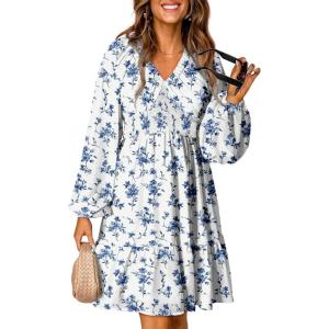 imageDokotoo Fall Dresses for Women 2025 Boho Floral V Neck Long Sleeve Smocked Elastic Waist Casual ALine Mini Dress SundressWhite