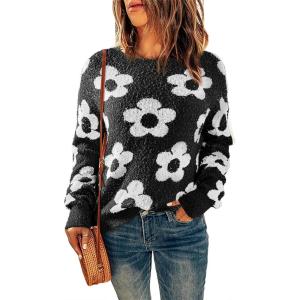 imageDokotoo Flowers Sweater Ivory Flora Crewneck Cute Casual Long Sleeve Fall Winter Knitted Pullover TopsBlack