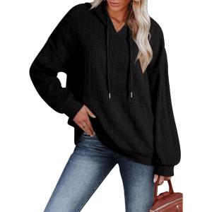 imageDokotoo Hoodies for Women Casual Long Sleeve Textured Knit Loose Drawstring Hooded Sweatshirt with PocketBlack