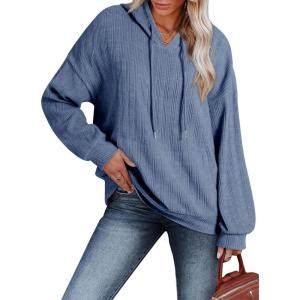 imageDokotoo Hoodies for Women Casual Long Sleeve Textured Knit Loose Drawstring Hooded Sweatshirt with PocketBlue