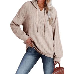 imageDokotoo Hoodies for Women Casual Long Sleeve Textured Knit Loose Drawstring Hooded Sweatshirt with PocketKhaki