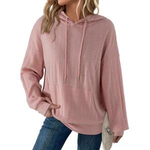 imageDokotoo Hoodies for Women Casual Long Sleeve Textured Knit Loose Drawstring Hooded Sweatshirt with PocketPink