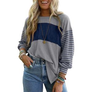 imageDokotoo Long Sleeve Tops Oversized 2025 Trendy Round Crew Neck Casual Color Block Womens Shirts BlousesA Medium Grey
