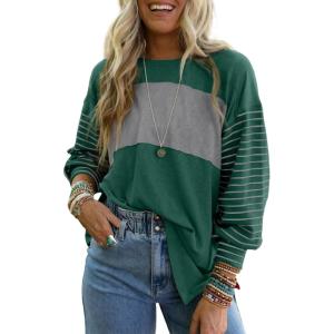 imageDokotoo Long Sleeve Tops Oversized 2025 Trendy Round Crew Neck Casual Color Block Womens Shirts BlousesBlackish Green