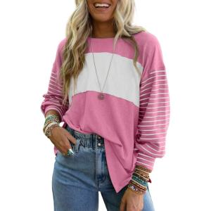 imageDokotoo Long Sleeve Tops Oversized 2025 Trendy Round Crew Neck Casual Color Block Womens Shirts BlousesBonbon