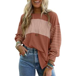 imageDokotoo Long Sleeve Tops Oversized 2025 Trendy Round Crew Neck Casual Color Block Womens Shirts BlousesChestnut