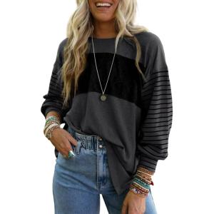 imageDokotoo Long Sleeve Tops Oversized 2025 Trendy Round Crew Neck Casual Color Block Womens Shirts BlousesDirty Blue