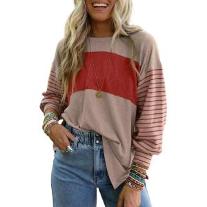 imageDokotoo Long Sleeve Tops Oversized 2025 Trendy Round Crew Neck Casual Color Block Womens Shirts BlousesGold
