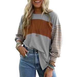 imageDokotoo Long Sleeve Tops Oversized 2025 Trendy Round Crew Neck Casual Color Block Womens Shirts BlousesGray