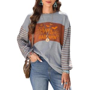 imageDokotoo Long Sleeve Tops Oversized 2025 Trendy Round Crew Neck Casual Color Block Womens Shirts BlousesGray B