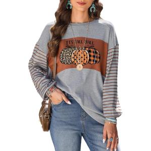 imageDokotoo Long Sleeve Tops Oversized 2025 Trendy Round Crew Neck Casual Color Block Womens Shirts BlousesGray C