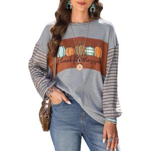 imageDokotoo Long Sleeve Tops Oversized 2025 Trendy Round Crew Neck Casual Color Block Womens Shirts BlousesGray a