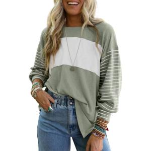 imageDokotoo Long Sleeve Tops Oversized 2025 Trendy Round Crew Neck Casual Color Block Womens Shirts BlousesLaurel Green