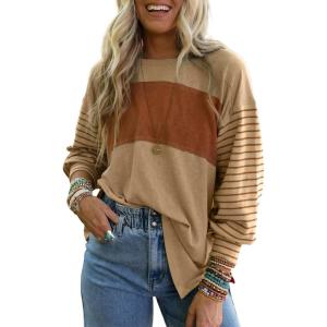 imageDokotoo Long Sleeve Tops Oversized 2025 Trendy Round Crew Neck Casual Color Block Womens Shirts BlousesLight French Beige