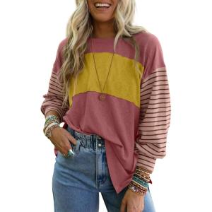 imageDokotoo Long Sleeve Tops Oversized 2025 Trendy Round Crew Neck Casual Color Block Womens Shirts BlousesMineral Red