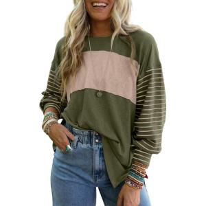 imageDokotoo Long Sleeve Tops Oversized 2025 Trendy Round Crew Neck Casual Color Block Womens Shirts BlousesMoss Green