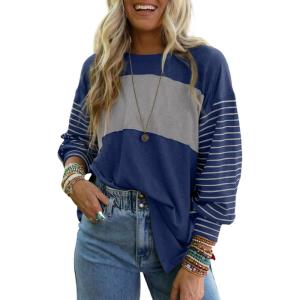 imageDokotoo Long Sleeve Tops Oversized 2025 Trendy Round Crew Neck Casual Color Block Womens Shirts BlousesNavy Blue