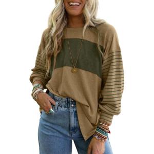 imageDokotoo Long Sleeve Tops Oversized 2025 Trendy Round Crew Neck Casual Color Block Womens Shirts BlousesPale Khaki