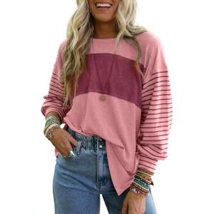 imageDokotoo Long Sleeve Tops Oversized 2025 Trendy Round Crew Neck Casual Color Block Womens Shirts BlousesPeach Blossom