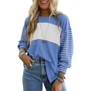 imageDokotoo Long Sleeve Tops Oversized 2025 Trendy Round Crew Neck Casual Color Block Womens Shirts BlousesSky Blue