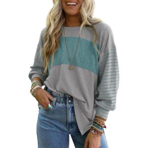 imageDokotoo Long Sleeve Tops Oversized 2025 Trendy Round Crew Neck Casual Color Block Womens Shirts BlousesSleet