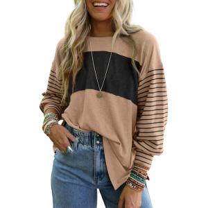 imageDokotoo Long Sleeve Tops Oversized 2025 Trendy Round Crew Neck Casual Color Block Womens Shirts BlousesSmoke Gray
