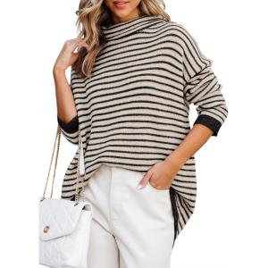 imageDokotoo Oversized Sweaters for Women Long Sleeve Striped Pullover Sweater 2024 Fall Turtleneck Knit Tunic Jumper Tops