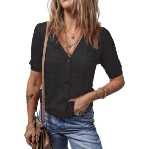 imageDokotoo Short Sleeve Top for Women 2024 Casual Lightweight Crochet Cardigan Short Sleeve Crop Tops Fashion V Neck HollowOut Shrug Bolero Button Down Shirts Large