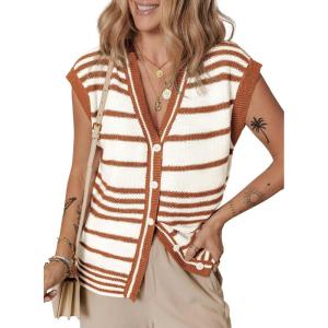 imageDokotoo Sweater Vest Women Striped V Neck Button Vest for Women Vest Top Spring Cardigan Sweaters for Women 2025Brown