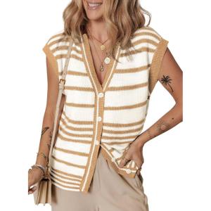 imageDokotoo Sweater Vest Women Striped V Neck Button Vest for Women Vest Top Spring Cardigan Sweaters for Women 2025Khaki