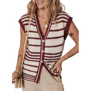 imageDokotoo Sweater Vest Women Striped V Neck Button Vest for Women Vest Top Spring Cardigan Sweaters for Women 2025Red
