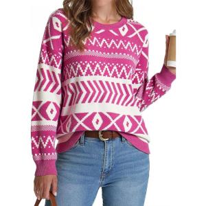imageDokotoo Sweaters for Women Casual Loose Crewneck Long Sleeve Pullover Sweater Tops Boho TopsRose Red