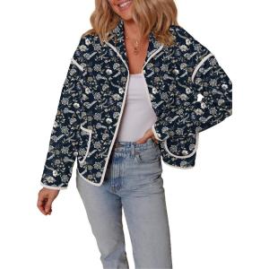 imageDokotoo Warm Quilted Jackets for Women Long Sleeve Floral Print Button Down Puffer Jacket Coats with PocketsBlue