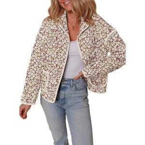 imageDokotoo Warm Quilted Jackets for Women Long Sleeve Floral Print Button Down Puffer Jacket Coats with PocketsPink