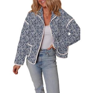 imageDokotoo Warm Quilted Jackets for Women Long Sleeve Floral Print Button Down Puffer Jacket Coats with PocketsSky Blue