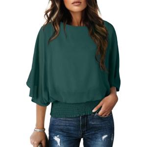 imageDokotoo Women Blouses Dressy Casual 34 Length Sleeve Womens Tops Boat Neck Batwing Dolman TopBlackish Green