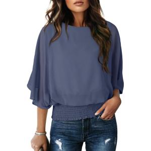 imageDokotoo Women Blouses Dressy Casual 34 Length Sleeve Womens Tops Boat Neck Batwing Dolman TopDark Blue