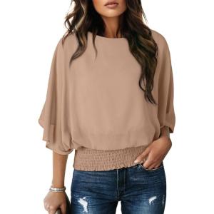 imageDokotoo Women Blouses Dressy Casual 34 Length Sleeve Womens Tops Boat Neck Batwing Dolman TopPale Khaki
