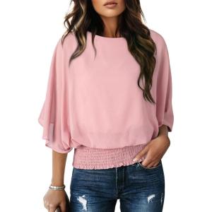 imageDokotoo Women Blouses Dressy Casual 34 Length Sleeve Womens Tops Boat Neck Batwing Dolman TopPeach Blossom